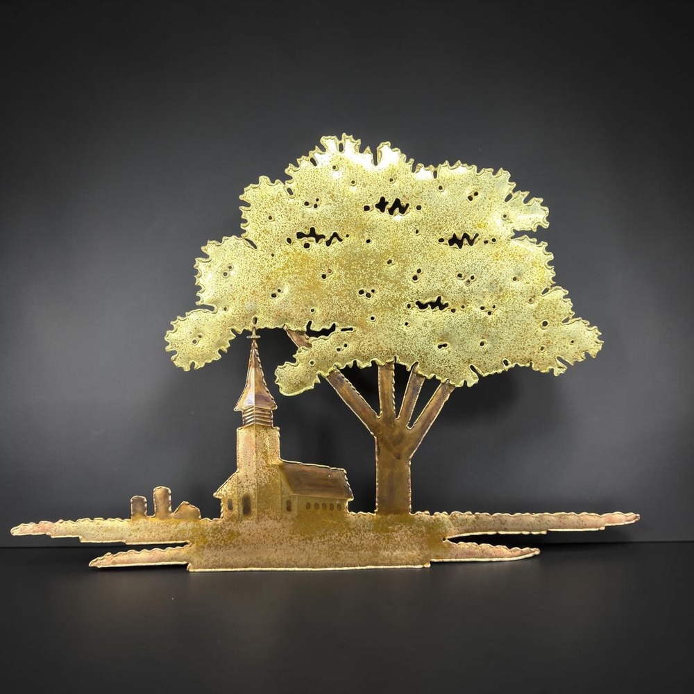Vintage 2002 Galbraith Signed Metal Wall Art Church Tree Landscape Copper Brass